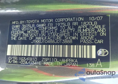 2008 Scion Xd from USA, damaged, VIN JTKKU10488J013888